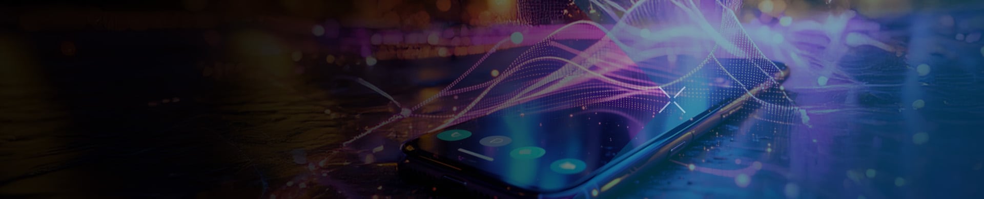 Smartphone with digital wave patterns in a futuristic setting.